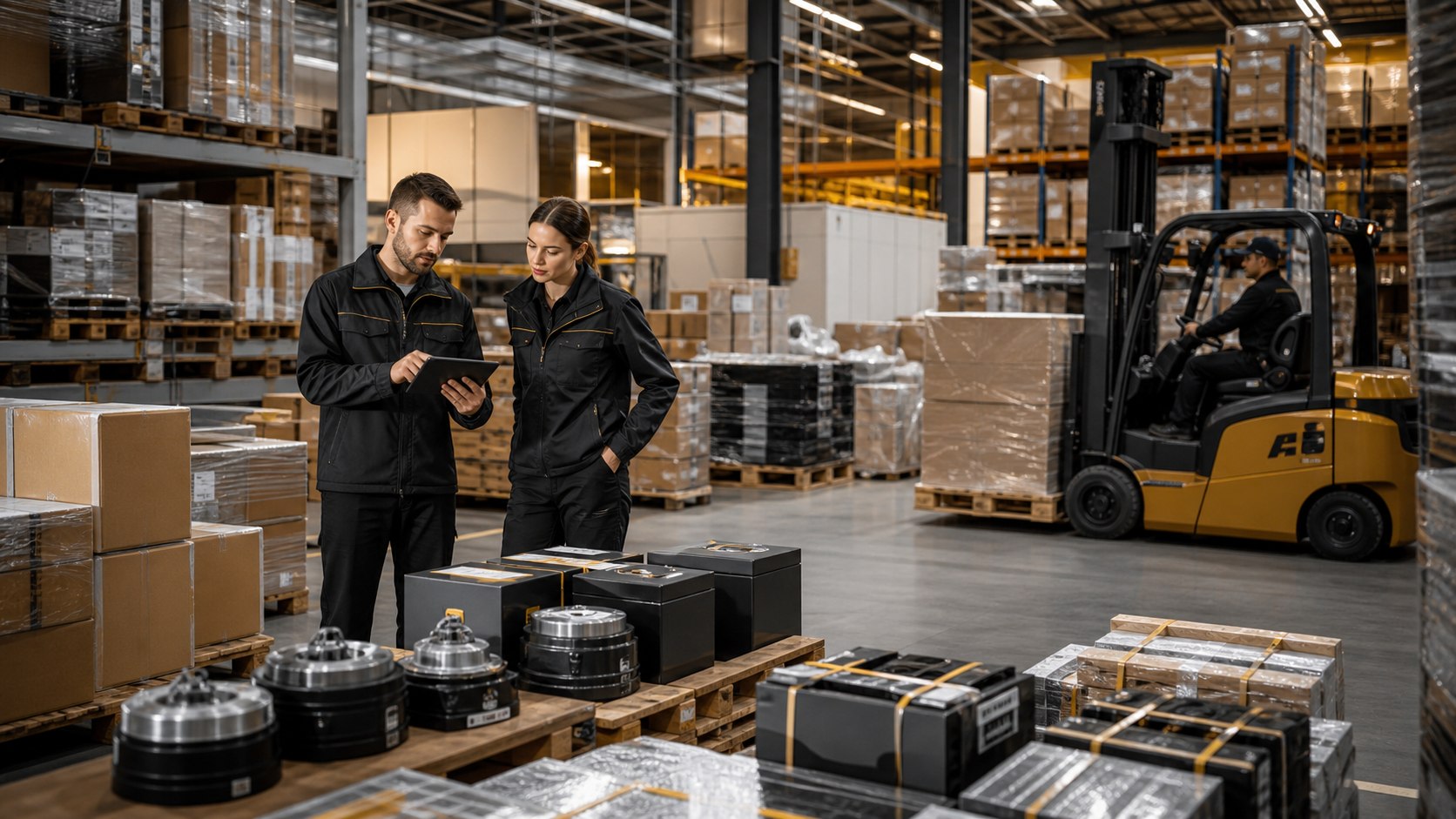 Equipe realizando inspeção de mercadorias para comércio e distribuição